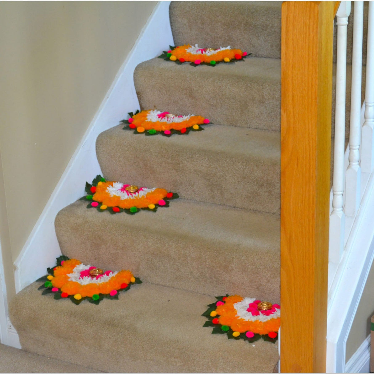 2 Ct Rangoli Mat Diwali Decor Semi Circle Tea Light Holders Artificial Leaf Marigold Flowers Decorative Home Pooja Temple Decor Housewarming Return Gift Day of the Dead Dia De Los Muertos - LoveNspire