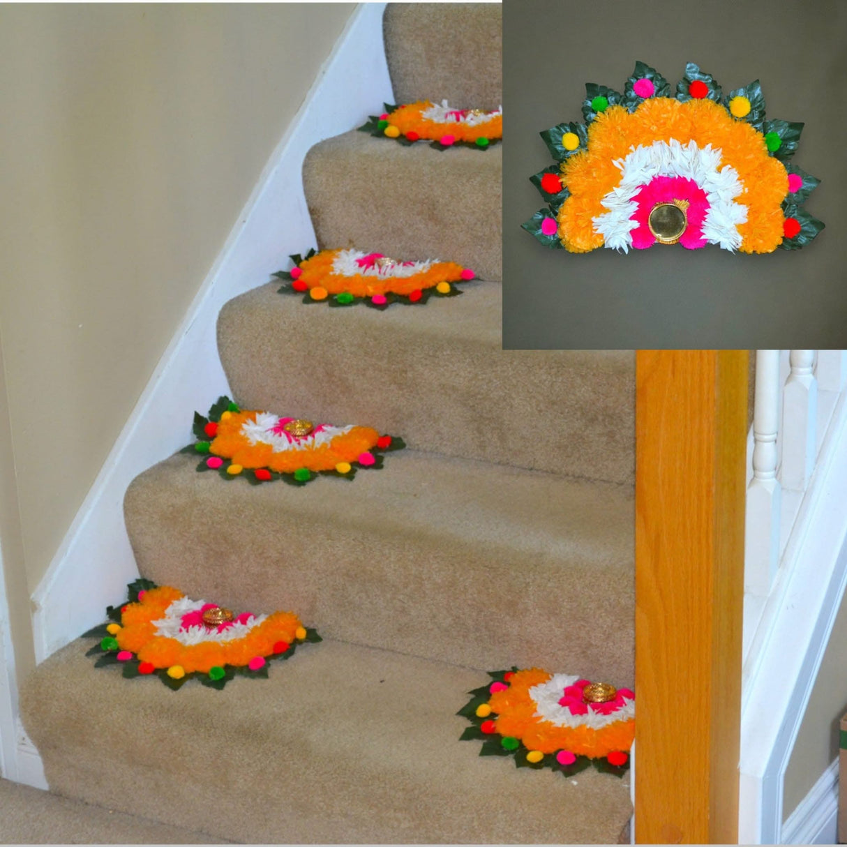 2 Ct Rangoli Mat Diwali Decor Semi Circle Tea Light Holders Artificial Leaf Marigold Flowers Decorative Home Pooja Temple Decor Housewarming Return Gift Day of the Dead Dia De Los Muertos - LoveNspire