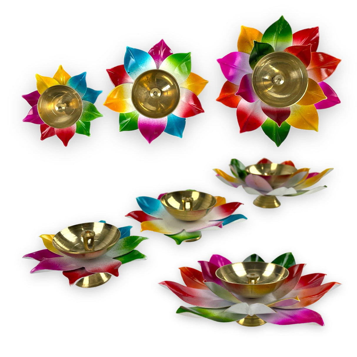 Multicolor Lotus Brass Diya – Indian Craft Oil Lamp for Puja, Ideal Pooja Gift, Diwali Home Decoration, Mandir Temple Akhand Diya, Traditional Deepawali Return Gifts, Puja Articles - LoveNspire