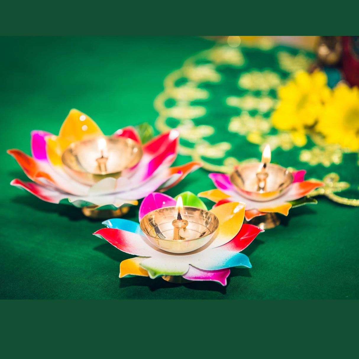 Multicolor Lotus Brass Diya – Indian Craft Oil Lamp for Puja, Ideal Pooja Gift, Diwali Home Decoration, Mandir Temple Akhand Diya, Traditional Deepawali Return Gifts, Puja Articles - LoveNspire