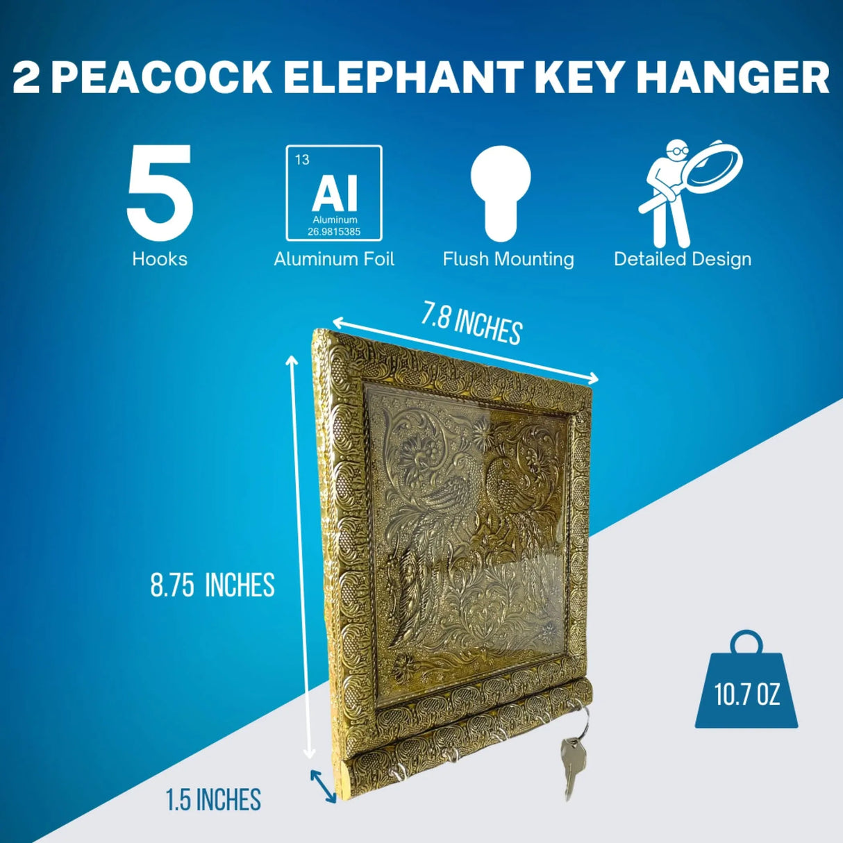 Peacock Design Frame Wall Key Holder for Wall Decorative, Hand Crafted Wall Hooks for Hanging Stylish Key Stand Home Office Decor Housewarming Gift 5 Hooks (pack of 1) - LoveNspire
