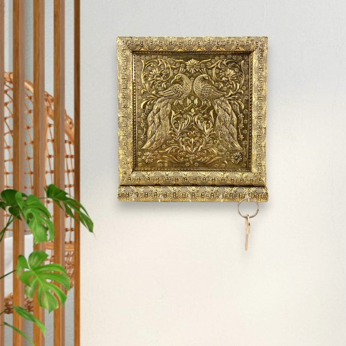 Peacock Design Frame Wall Key Holder for Wall Decorative, Hand Crafted Wall Hooks for Hanging Stylish Key Stand Home Office Decor Housewarming Gift 5 Hooks (pack of 1) - LoveNspire