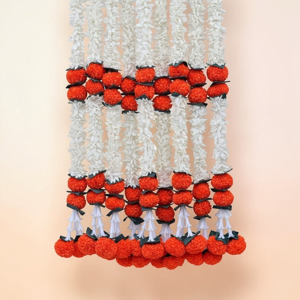 2 strings artificial marigold garland with white flowers, orange pom-poms, black ties for Diwali, Day of the Dead