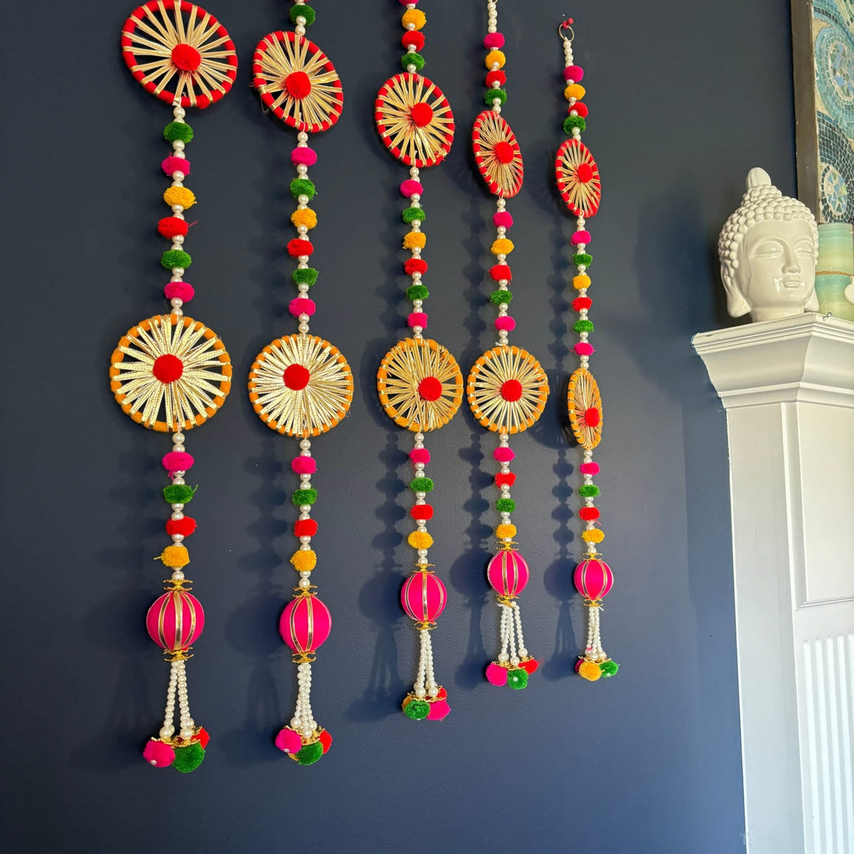 2 Strings Wall Backdrop Hanging Pompom Wheels Handmade Artificial Diwali Decoration Wedding India Diwali Decor Wall Decor Tapestry Wall Hanging - LoveNspire