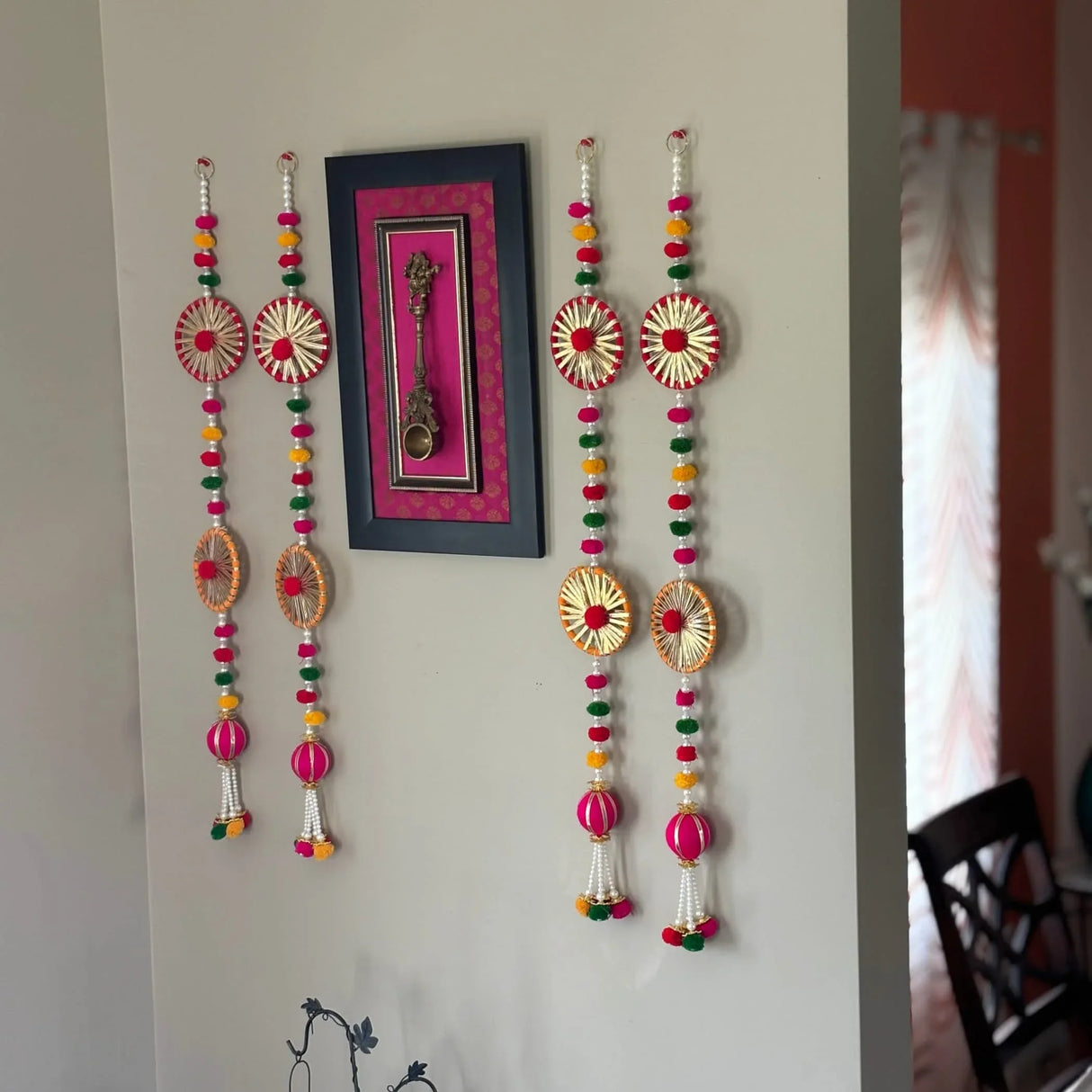2 Strings Wall Backdrop Hanging Pompom Wheels Handmade Artificial Diwali Decoration Wedding India Diwali Decor Wall Decor Tapestry Wall Hanging - LoveNspire