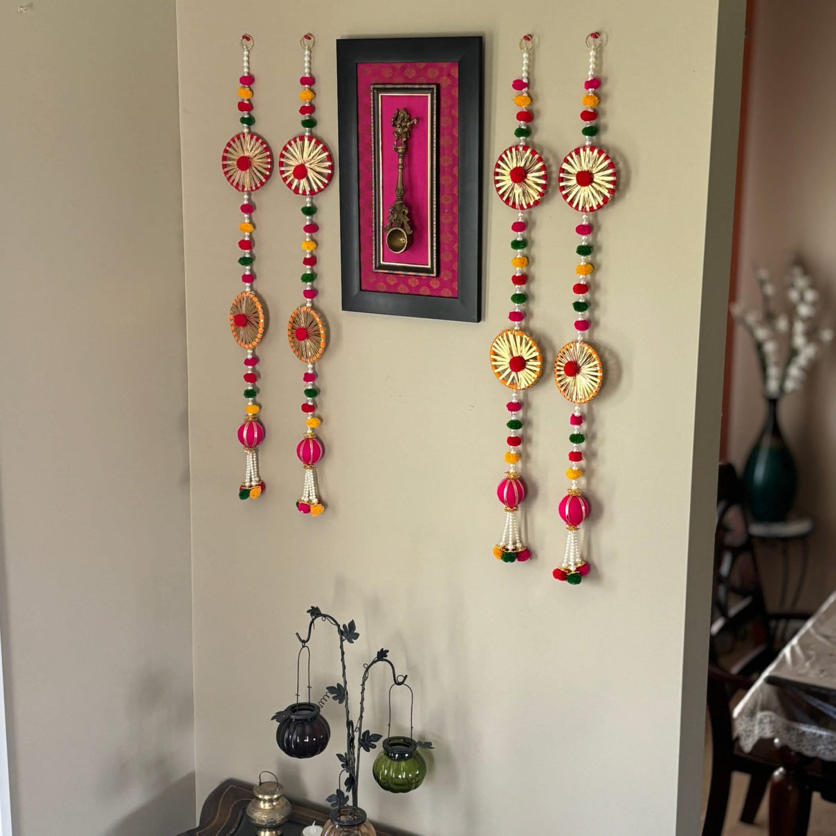2 Strings Wall Backdrop Hanging Pompom Wheels Handmade Artificial Diwali Decoration Wedding India Diwali Decor Wall Decor Tapestry Wall Hanging - LoveNspire