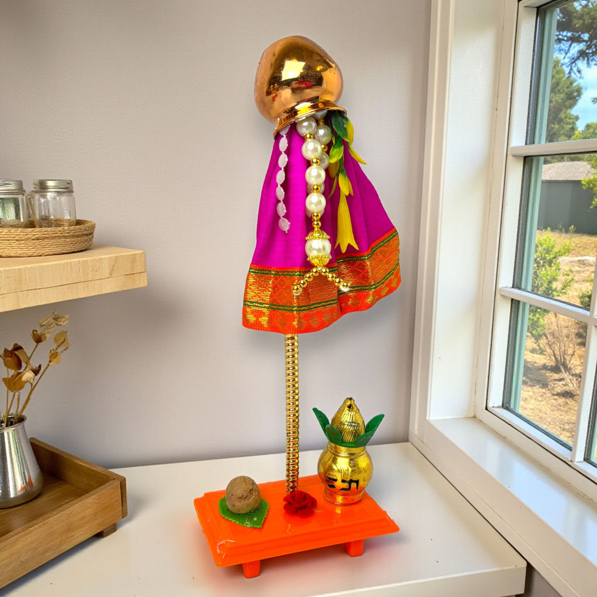 9-inch Readymade Mini Gudi Padwa decoration with pink fabric, golden top, pearls