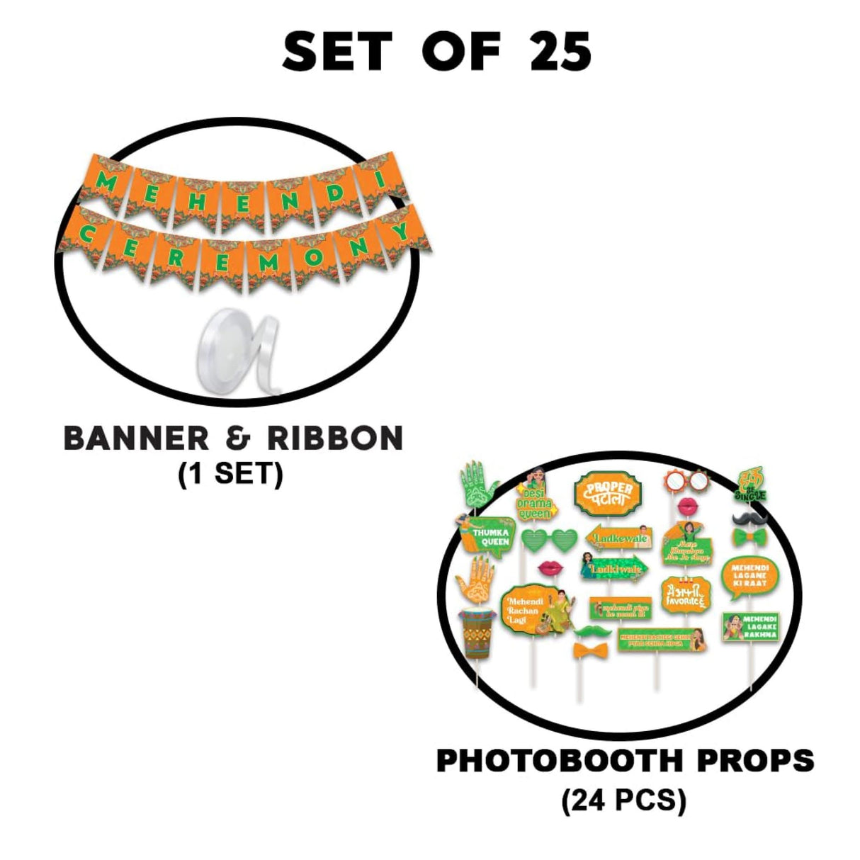 24 Pcs Mehendi Photo Booth Party Props & 1 Pcs Mehndi Ceremony Banner Wedding Photoshoot Mehandi Decoration Marriage Props for Bride and Family - LoveNspire