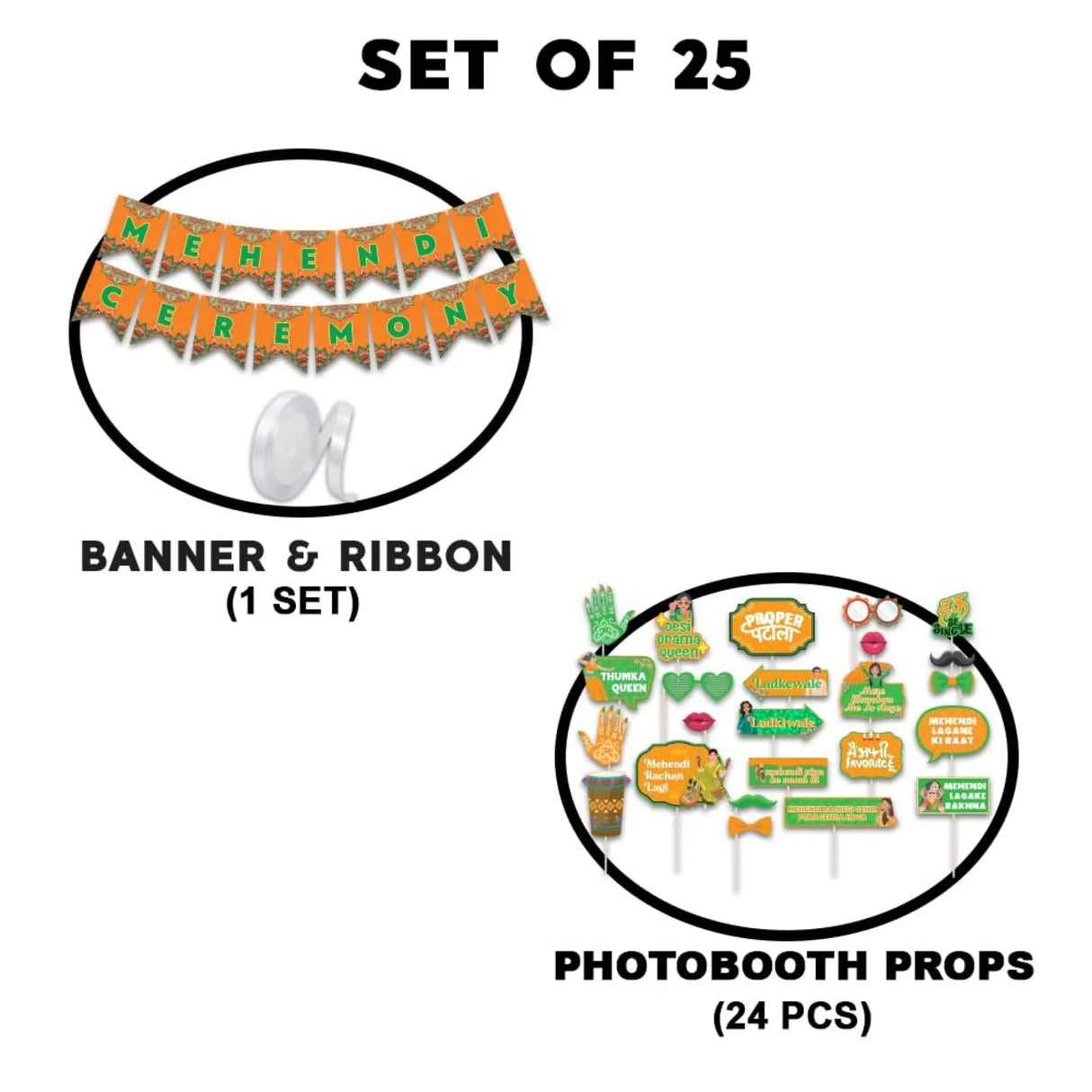 24 Pcs Mehendi Photo Booth Party Props & 1 Pcs Mehndi Ceremony Banner Wedding Photoshoot Mehandi Decoration Marriage Props for Bride and Family - LoveNspire