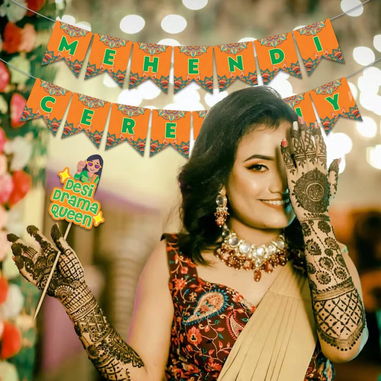 24 Pcs Mehendi Photo Booth Party Props & 1 Pcs Mehndi Ceremony Banner Wedding Photoshoot Mehandi Decoration Marriage Props for Bride and Family - LoveNspire