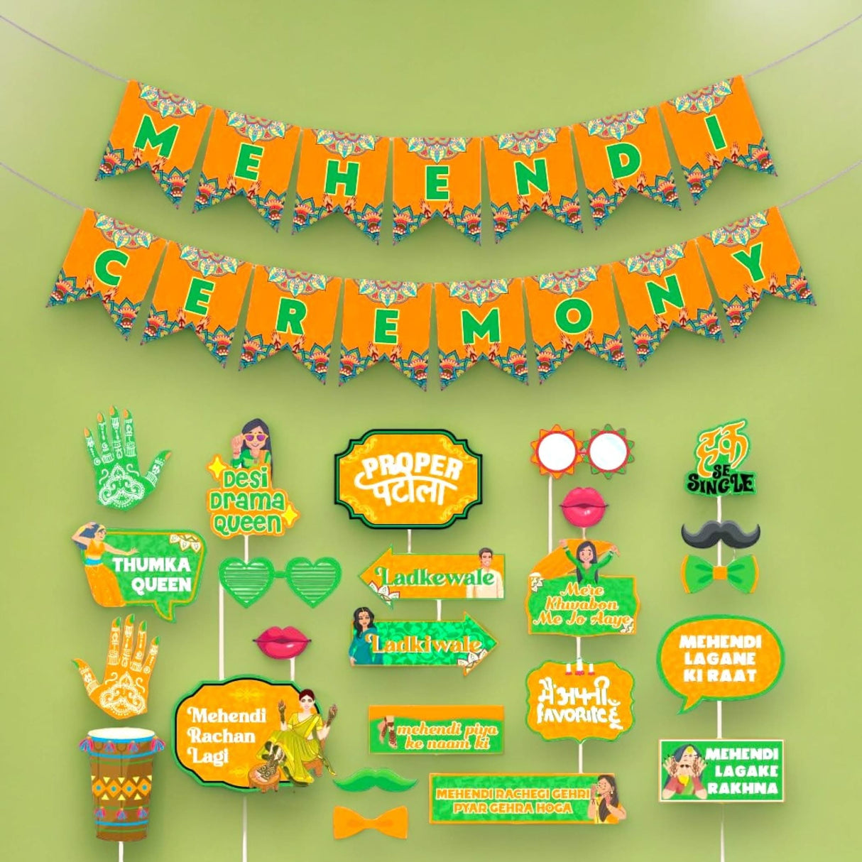 24 Pcs Mehendi Photo Booth Party Props & 1 Pcs Mehndi Ceremony Banner Wedding Photoshoot Mehandi Decoration Marriage Props for Bride and Family - LoveNspire