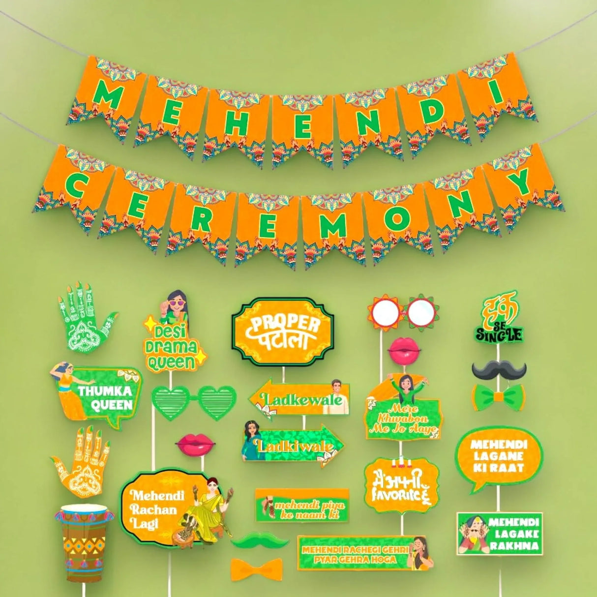 24 Pcs Mehendi Photo Booth Party Props & 1 Pcs Mehndi Ceremony Banner Wedding Photoshoot Mehandi Decoration Marriage Props for Bride and Family - LoveNspire