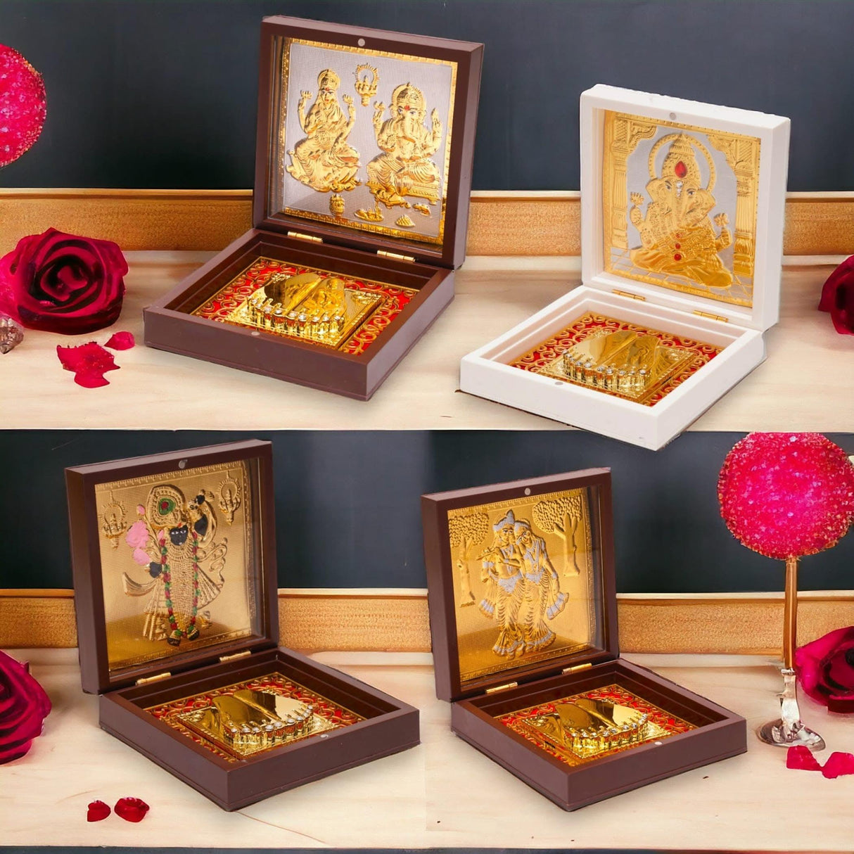 Gold Plated Laxmi Ganesha, Radha Krishna, Shrinath Ji, Ganesh, Ram Laxman Sita (ram Darbar) with Charan Paduka - Diwali Housewarming Return Gift Pooja Room Decor Hindu God Paduka Prayer Box - LoveNspire