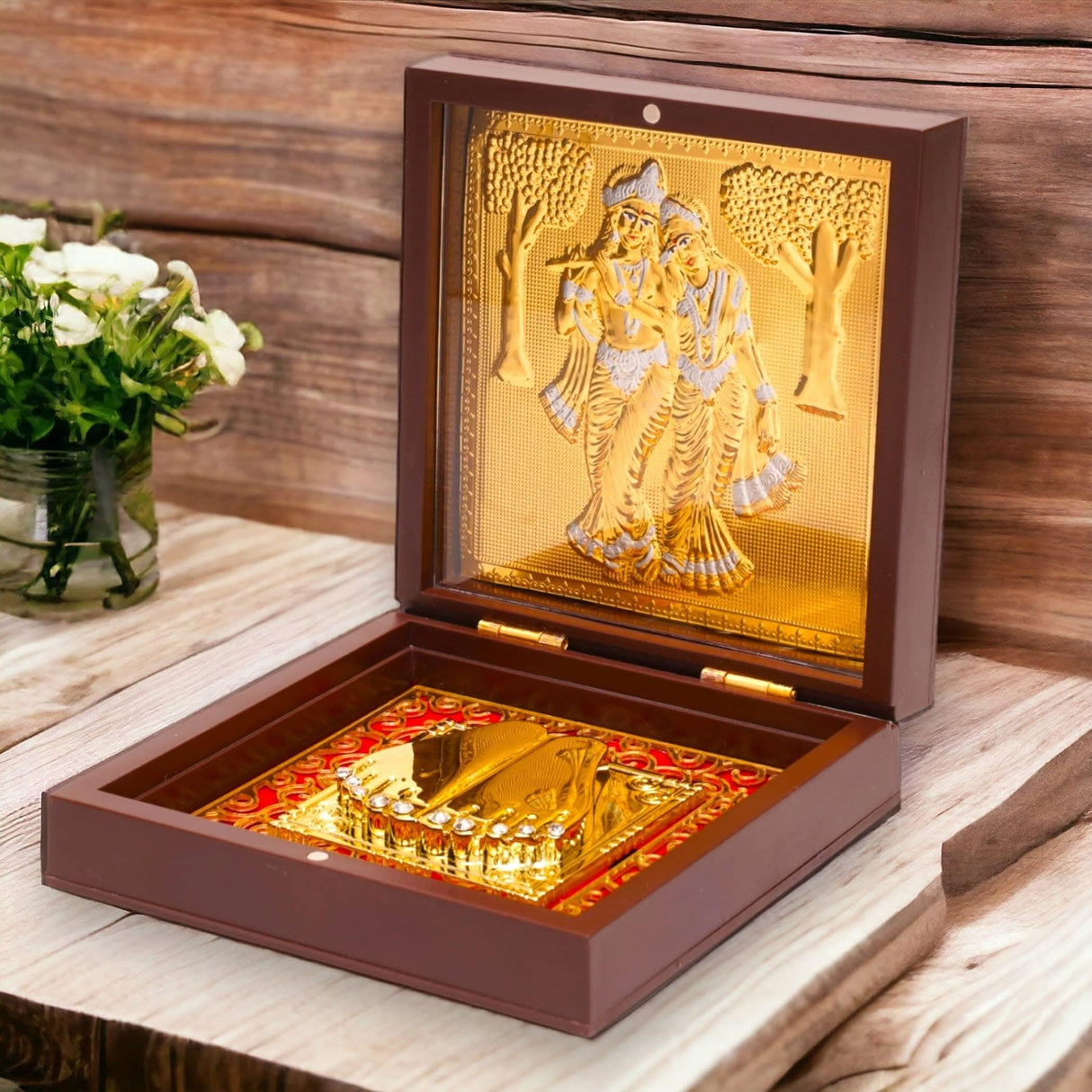 Gold Plated Laxmi Ganesha, Radha Krishna, Shrinath Ji, Ganesh, Ram Laxman Sita (ram Darbar) with Charan Paduka - Diwali Housewarming Return Gift Pooja Room Decor Hindu God Paduka Prayer Box - LoveNspire