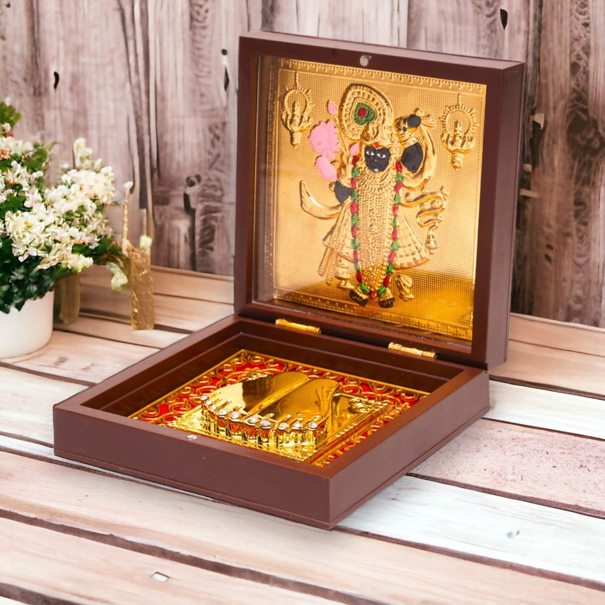 Gold Plated Laxmi Ganesha, Radha Krishna, Shrinath Ji, Ganesh, Ram Laxman Sita (ram Darbar) with Charan Paduka - Diwali Housewarming Return Gift Pooja Room Decor Hindu God Paduka Prayer Box - LoveNspire