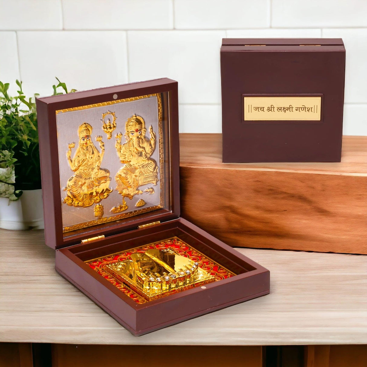 Gold Plated Laxmi Ganesha, Radha Krishna, Shrinath Ji, Ganesh, Ram Laxman Sita (ram Darbar) with Charan Paduka - Diwali Housewarming Return Gift Pooja Room Decor Hindu God Paduka Prayer Box - LoveNspire