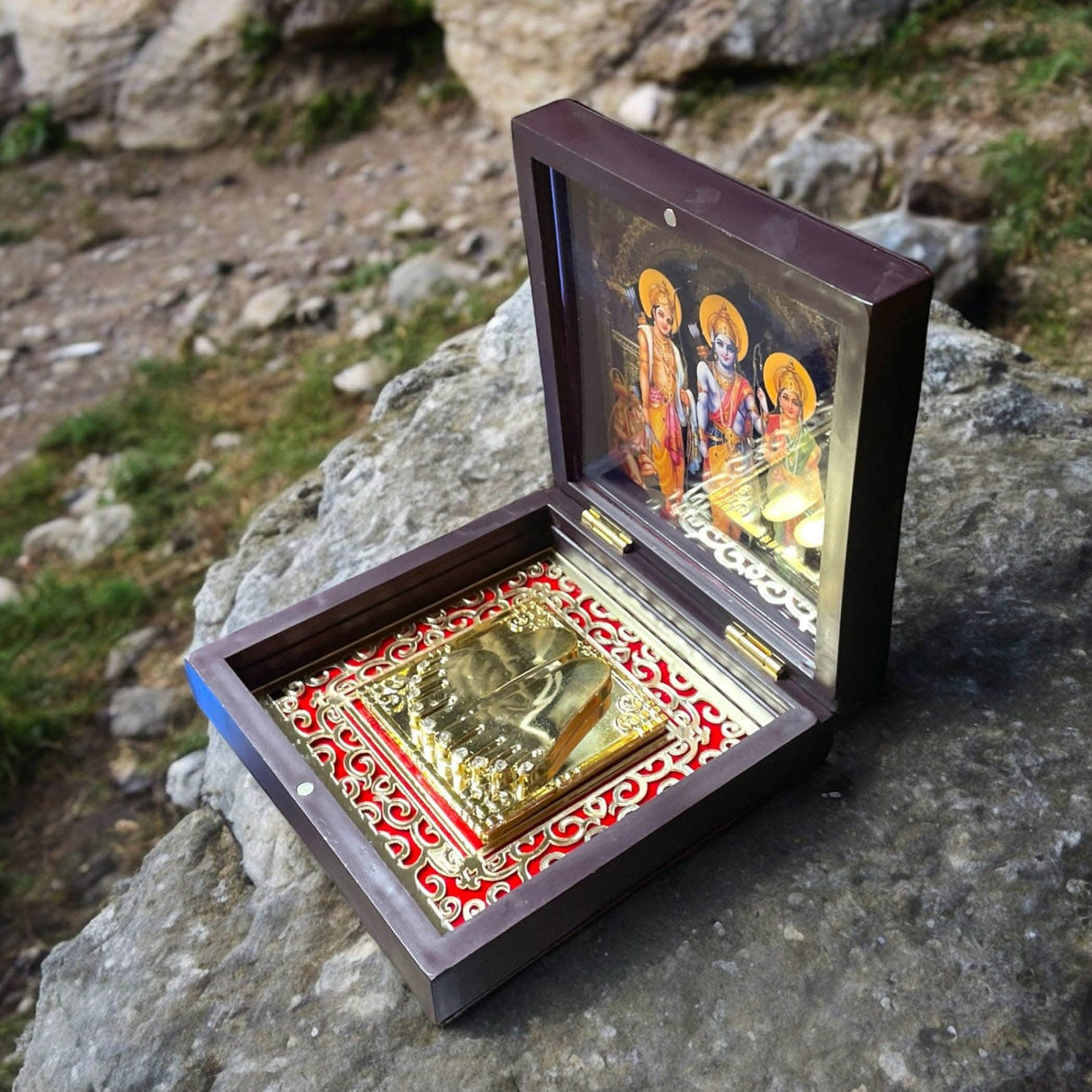 Gold Plated Lord Ram Darbar Frame Decorative Photo Frame & Charan Paduka for Gifting Home Decor Worship Pooja Room Decoration Hindu God Religious Housewarming Gift - LoveNspire