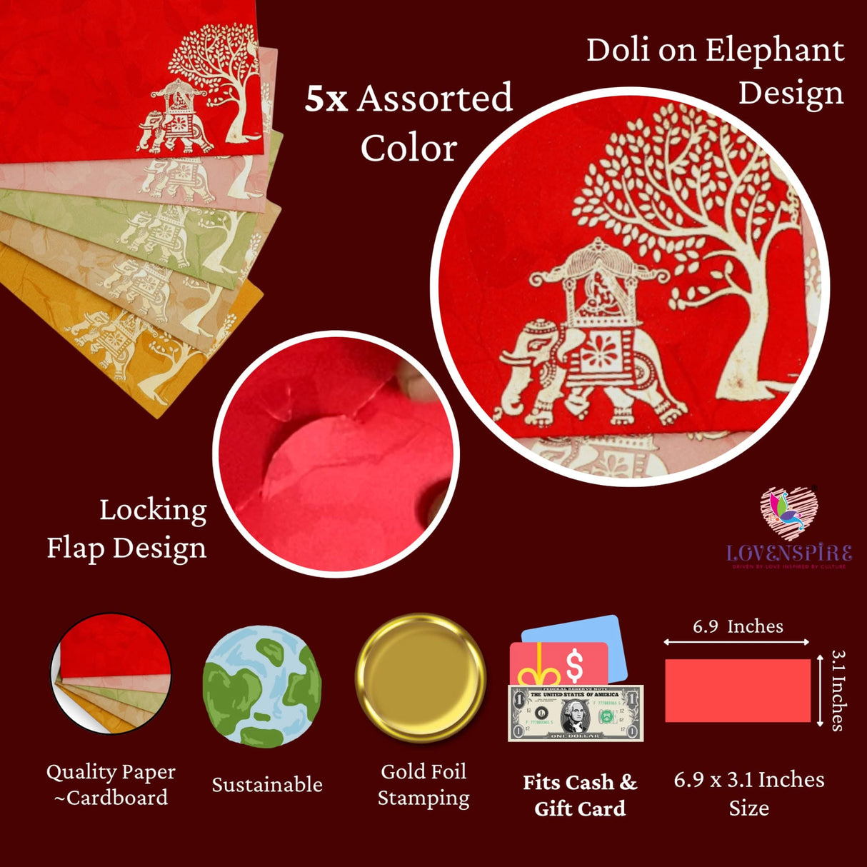 Shagun Gift Envelopes Assorted Color Doli on Elephant Tree Design Money Holder Fancy Packet Lifafa Money Envelope for Cash Gifts Christmas Diwali Easter Birthday Wedding - LoveNspire