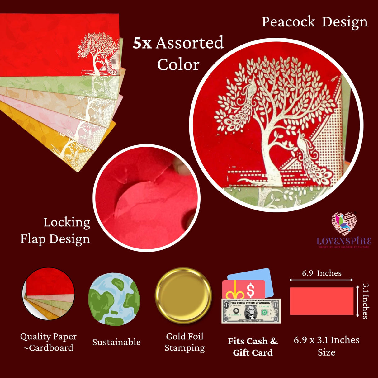 Shagun Gift Envelopes Assorted Color Peacock Tree Design Money Holder Fancy Packet Lifafa Money Envelope for Cash Gifts Christmas Diwali Easter Birthday Wedding Eid - LoveNspire