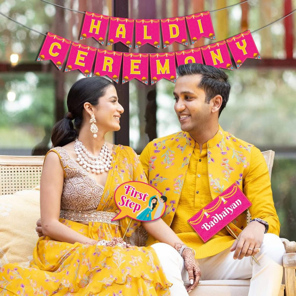 25 Pcs Haldi Photo Booth Party Props & 1 Pcs Haldi Ceremony Banner Wedding Photoshoot Haldi Decoration Marriage Props for Bride and Family - LoveNspire