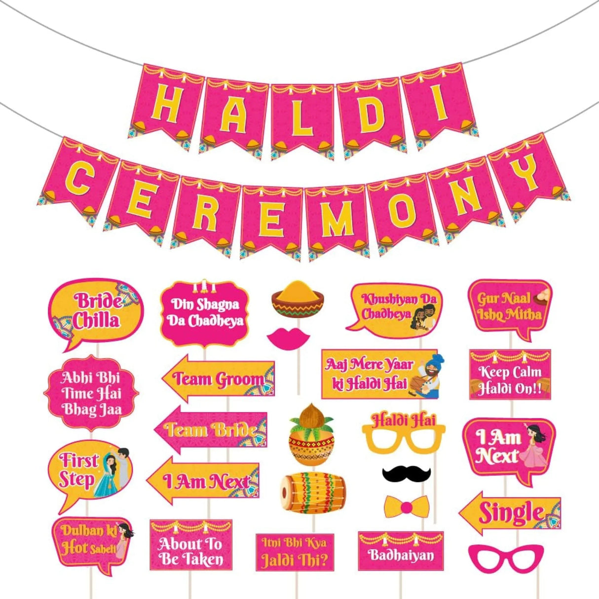 25 Pcs Haldi Photo Booth Party Props & 1 Pcs Haldi Ceremony Banner Wedding Photoshoot Haldi Decoration Marriage Props for Bride and Family - LoveNspire