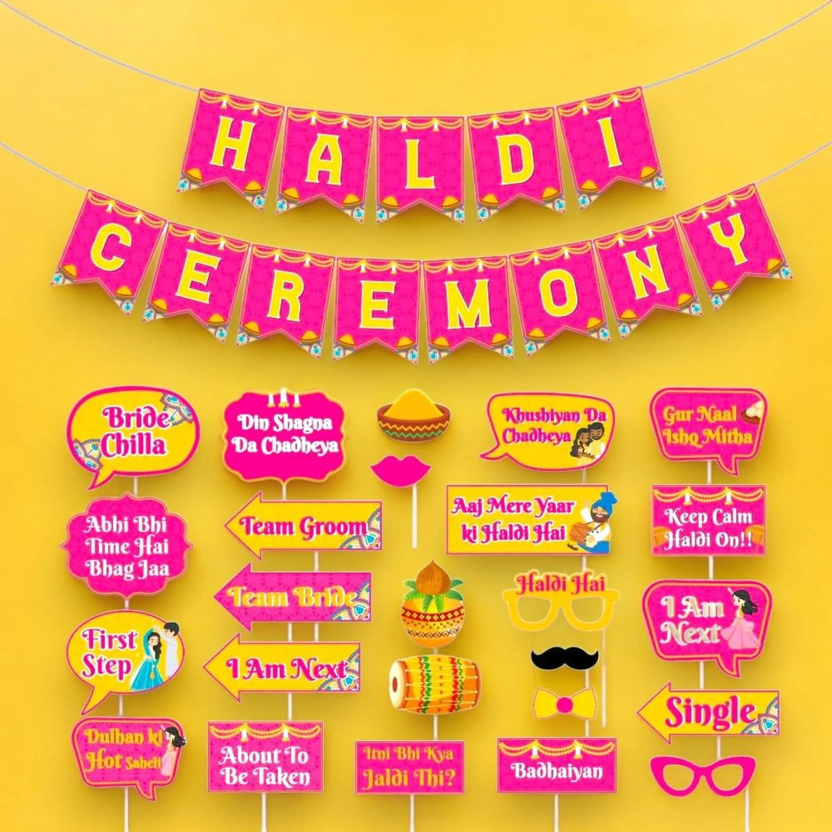 25 Pcs Haldi Photo Booth Party Props & 1 Pcs Haldi Ceremony Banner Wedding Photoshoot Haldi Decoration Marriage Props for Bride and Family - LoveNspire