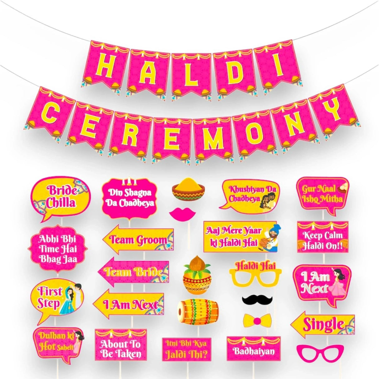 25 Pcs Haldi Photo Booth Party Props & 1 Pcs Haldi Ceremony Banner Wedding Photoshoot Haldi Decoration Marriage Props for Bride and Family - LoveNspire