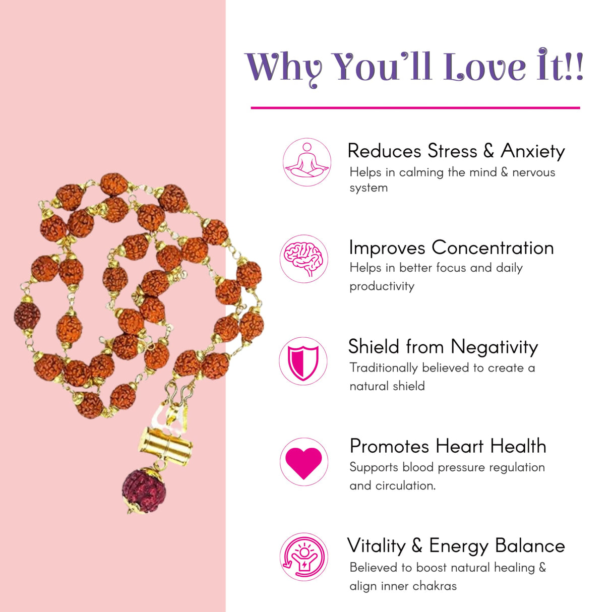 Certified 5-face Rudraksha mala necklace with brown beads, gold connectors, red pendant