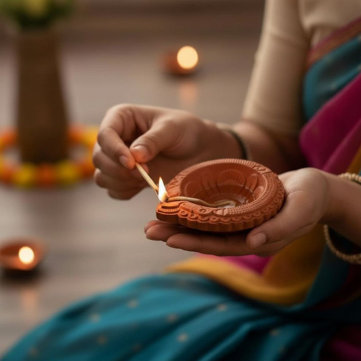 Traditional handmade terracotta diya with carved patterns and lit wick