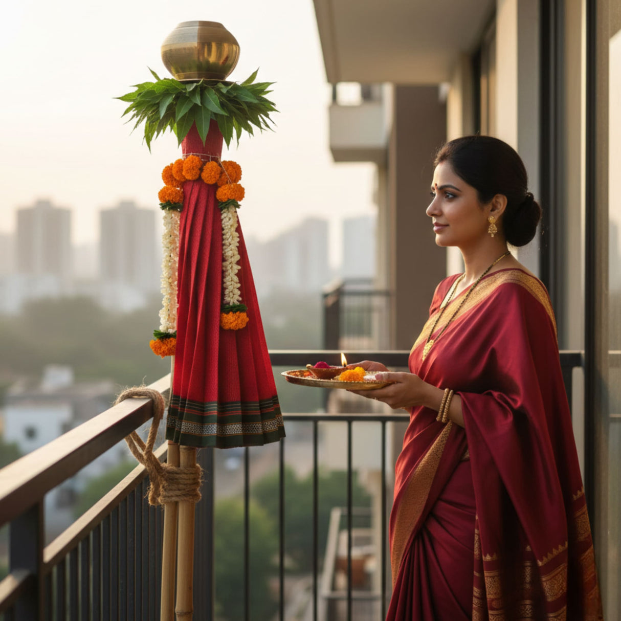 Vibrant red pookalam Gudi Vastra with marigolds for Maharashtrian Gudi Padwa