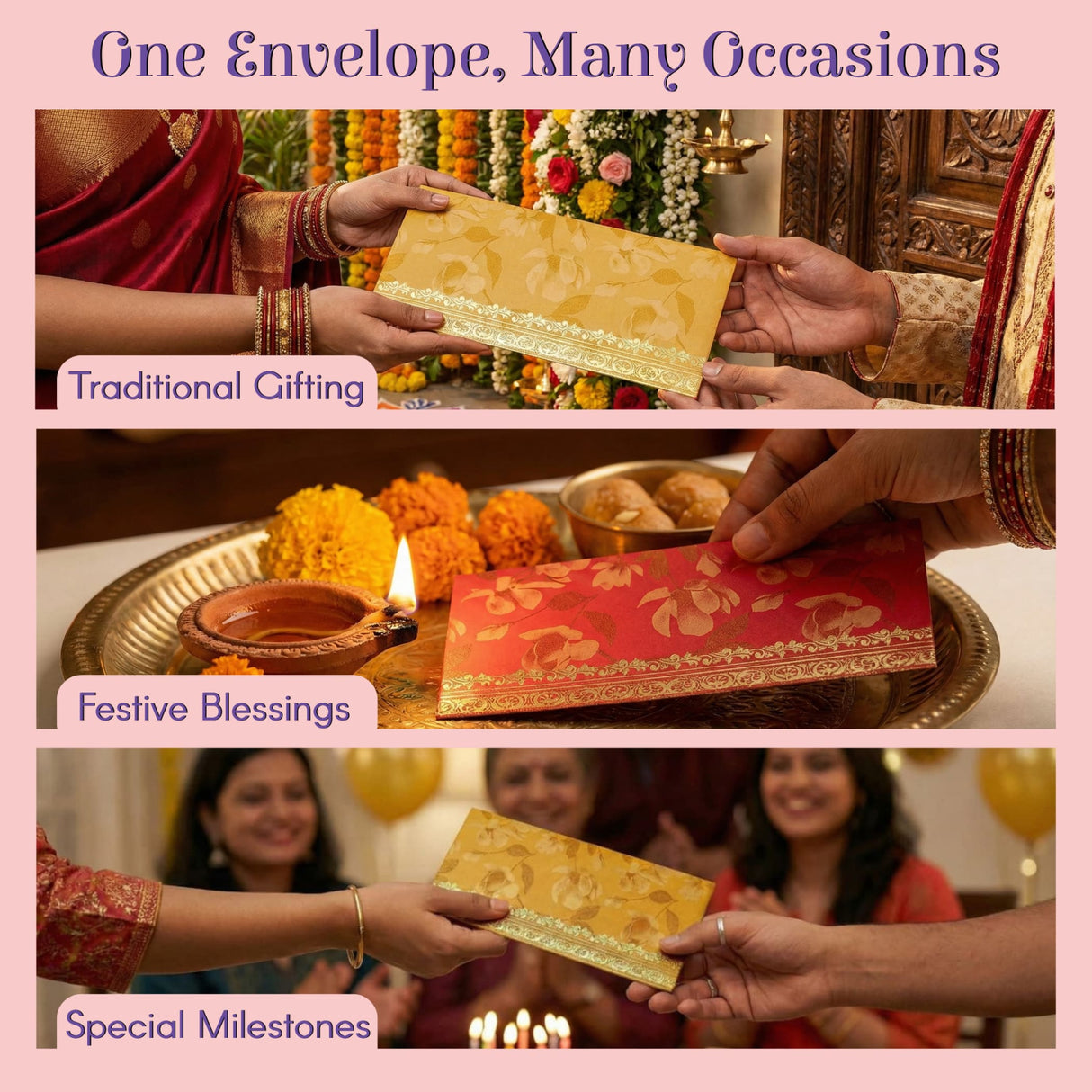 Elegant gold red ornate money envelopes for Diwali Eid gifts