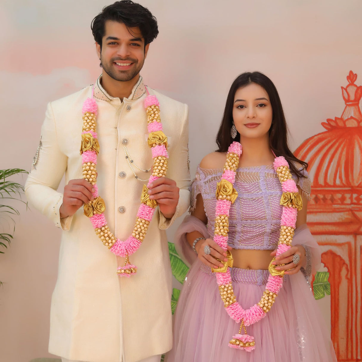 Pack of 2 pink gold floral varmalas with beaded accents, 26 inch wedding garlands