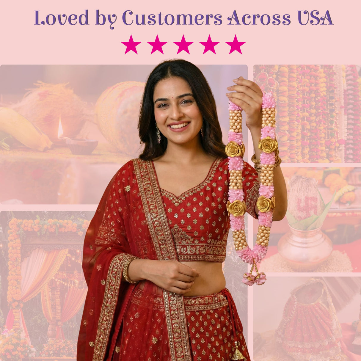 Pack of 2 pink gold rose varmalas for Indian wedding jaimala 26 inch