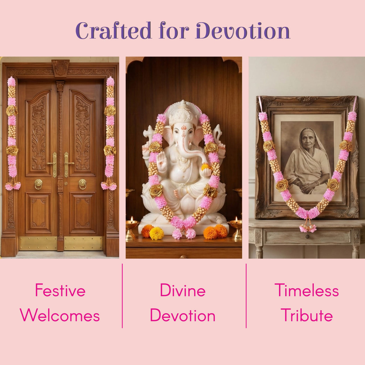 White marble Ganesha statue with pink gold floral garlands, pack of 2 varmalas