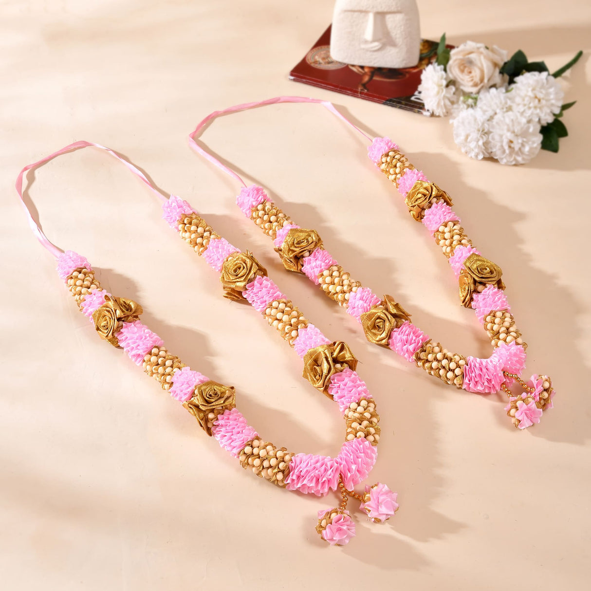 Pack of 2 pink gold floral varmala wedding garlands with roses beads charms