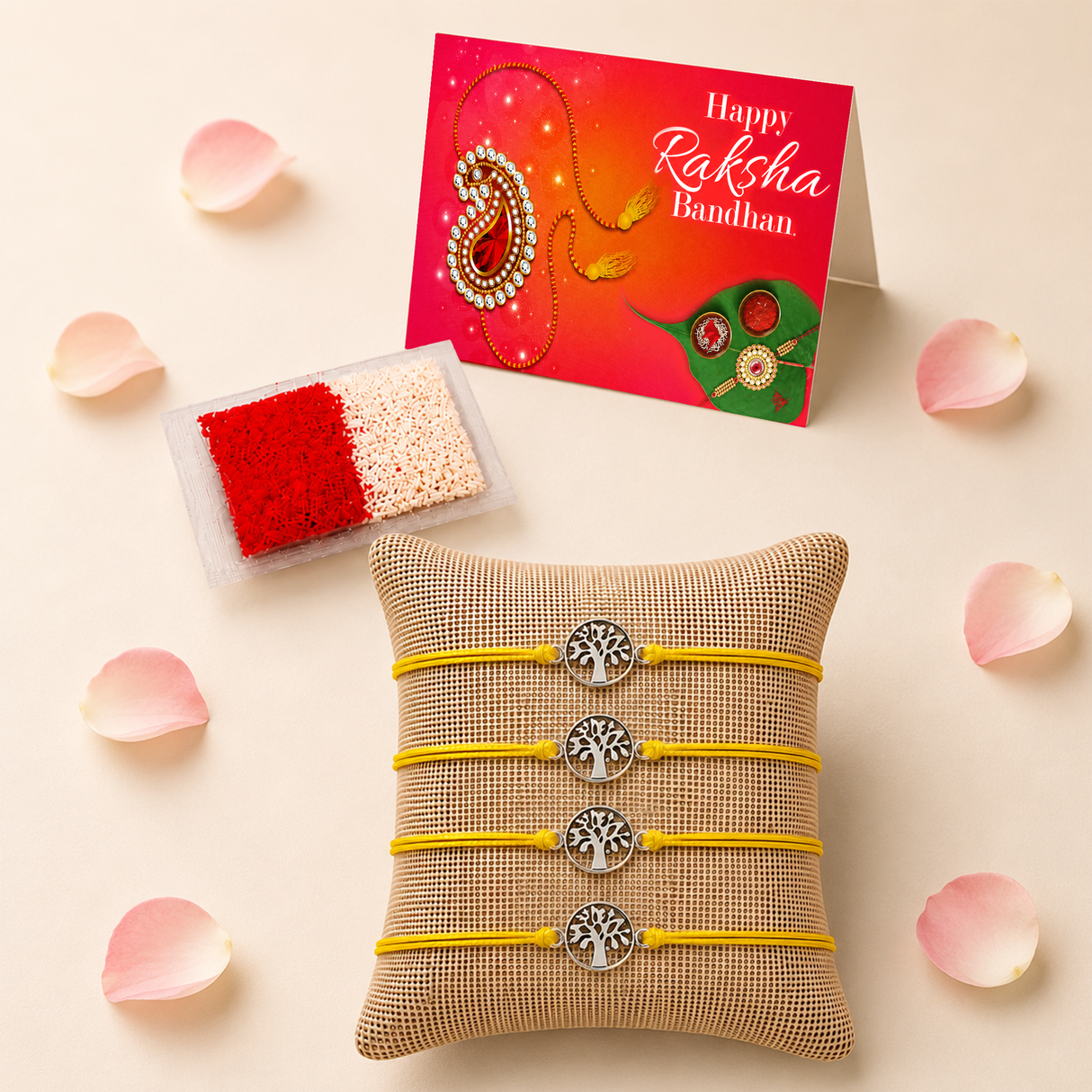 Tree of Life Charm Rakhi for Brother (4 Pcs) - Handcrafted Raksha Bandhan Thread Bracelet Jewelry for Bhai, Sign of Protection & Good Luck