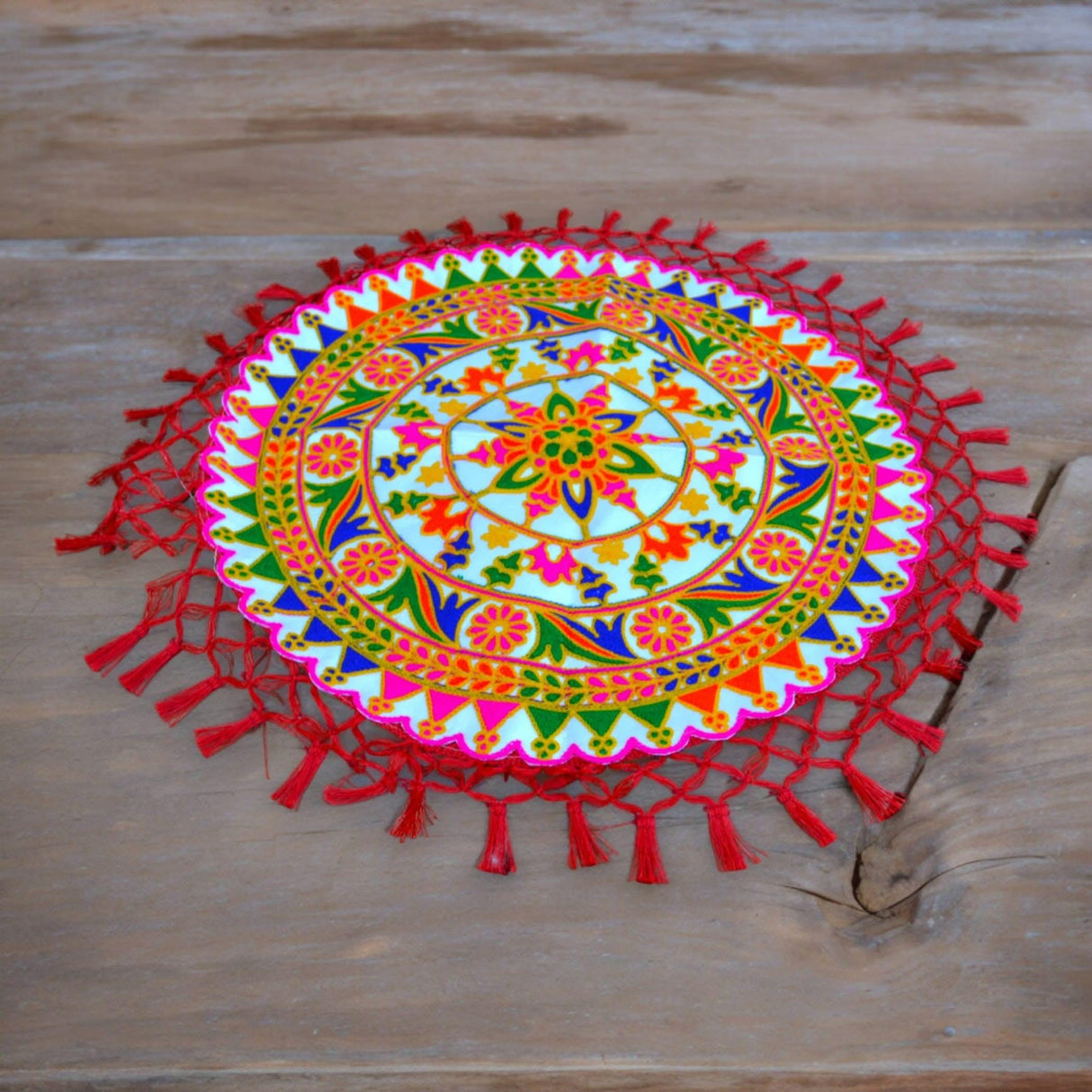 Handmade Indian Woolen Embroidery 2 Pcs Pooja Thali Cover Multipurpose Prasad Thal Posh Wedding Ceremony Decoration Puja Table Chowki Assan Kharwachuth Thali Cover Aasan Gift - LoveNspire