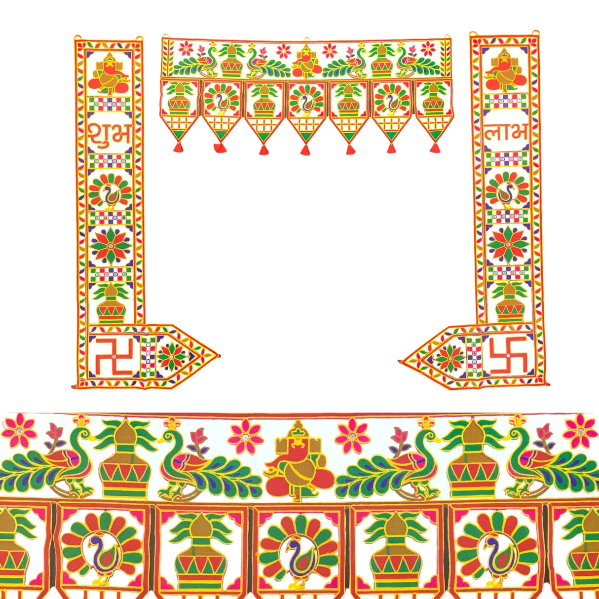 3 Pcs Indian Fabric Door Toran 39 Inch Peacock Shubh Labh Bhandarwal Hanging Valance Traditional Wall Decorative for Window Home Temple Decor Wedding Diwali Navratri Puja Housewarming Decor - LoveNspire