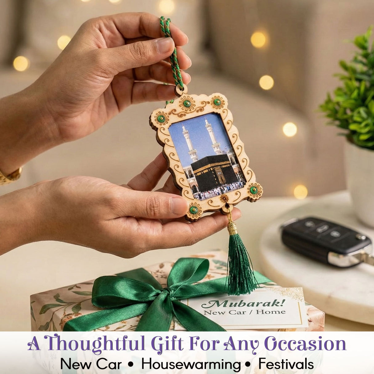 Islamic car hanging ornament with Kaaba photo in wooden frame, green gems, tassel