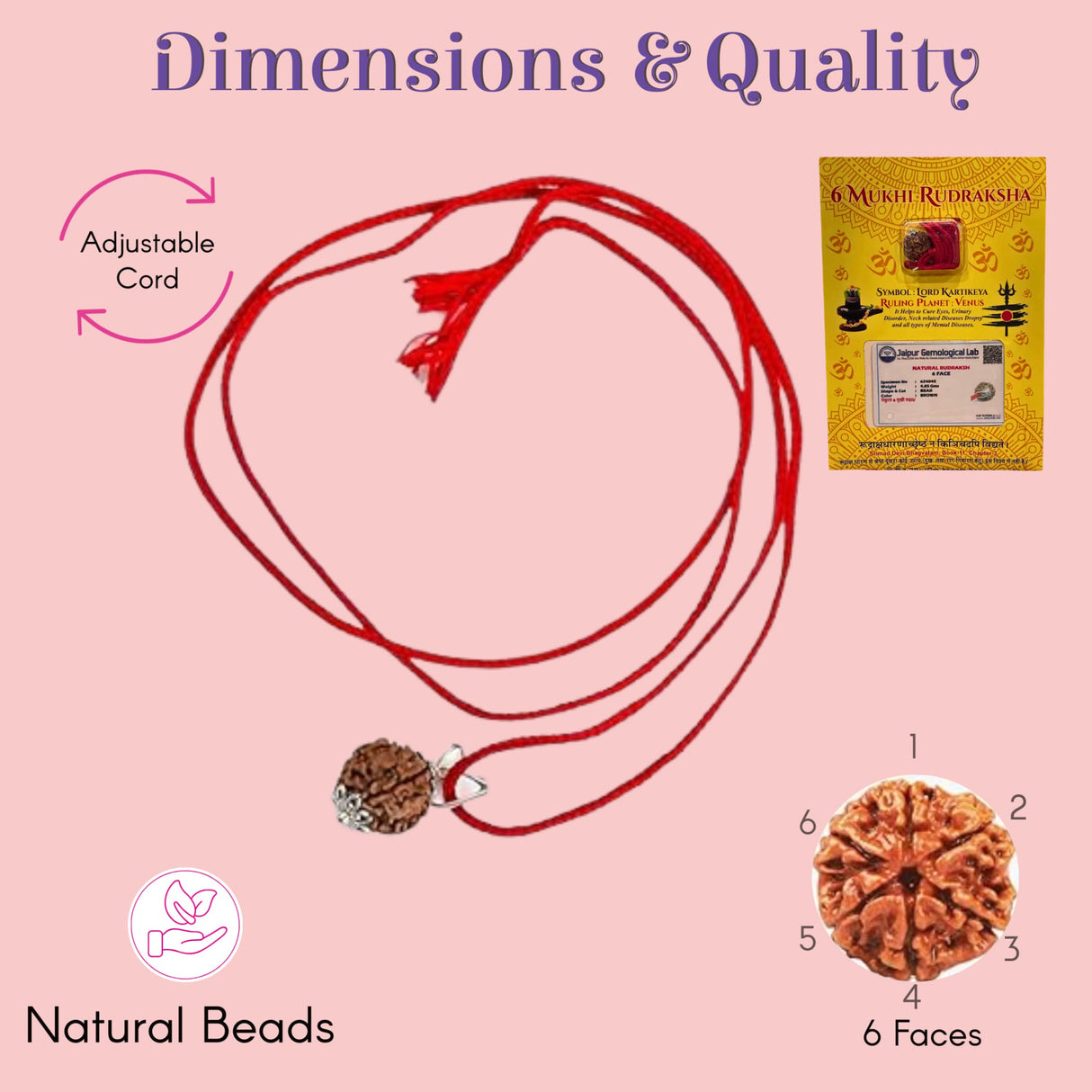 Red cord rudraksha pendant with brown 6-mukhi bead and silver clasp