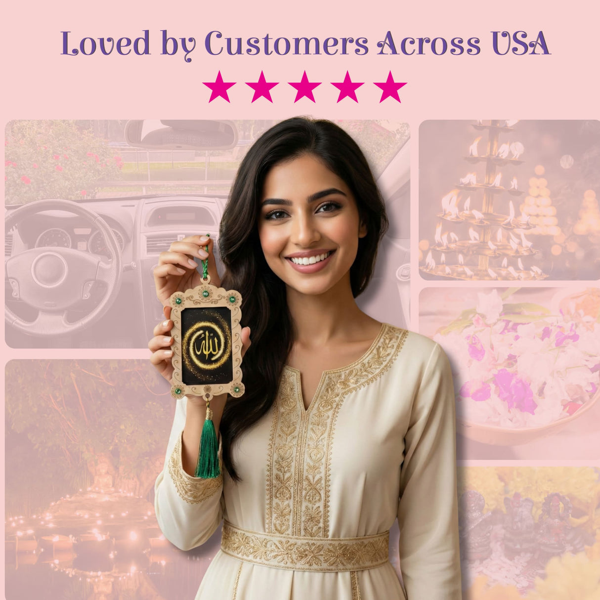 Ornate Islamic car hanging ornament with gold Allah in black frame, green gems