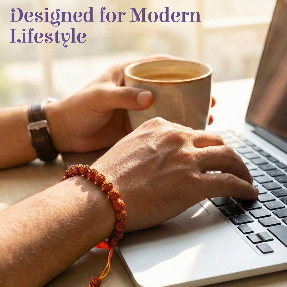 Orange beaded 5 Mukhi Rudraksha bracelet with red cord accent, 8.5mm beads