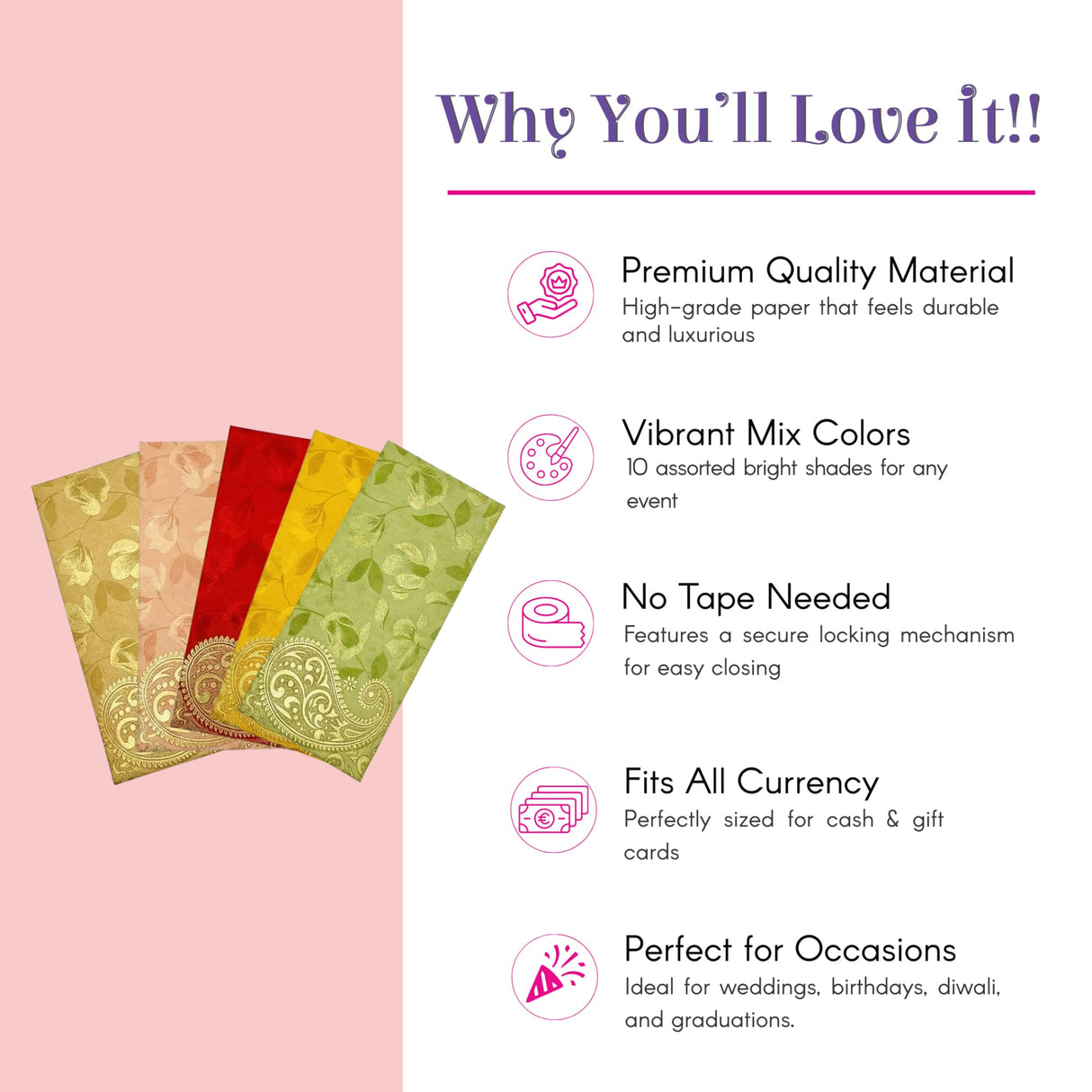 Assorted paisley money envelopes in gold red yellow green for gifts