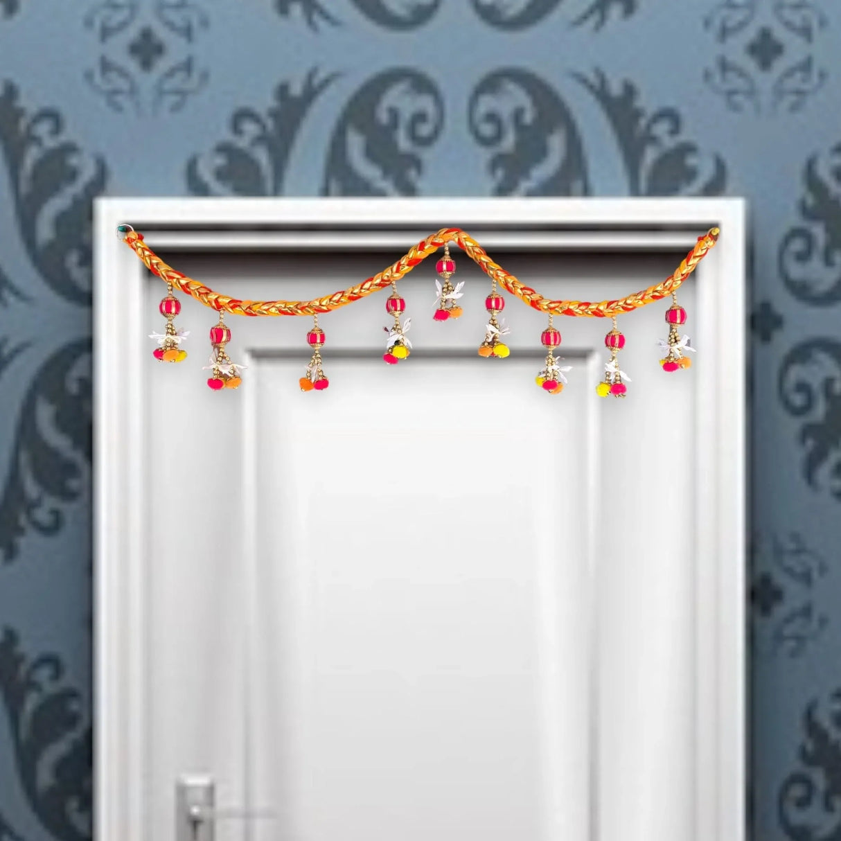 Indian Bead Door Toran 36-42 Inch Bhandarwal Hanging Valance Pompom Traditional Wall Decorative for Window Home Temple Decor Wedding Diwali Navratri Puja Housewarming Decorations - LoveNspire