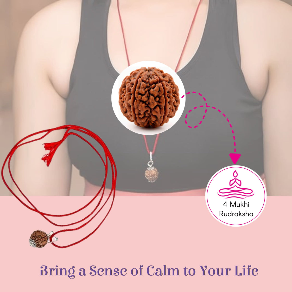 Certified 4 mukhi brown rudraksha pendant with silver accents on red cord