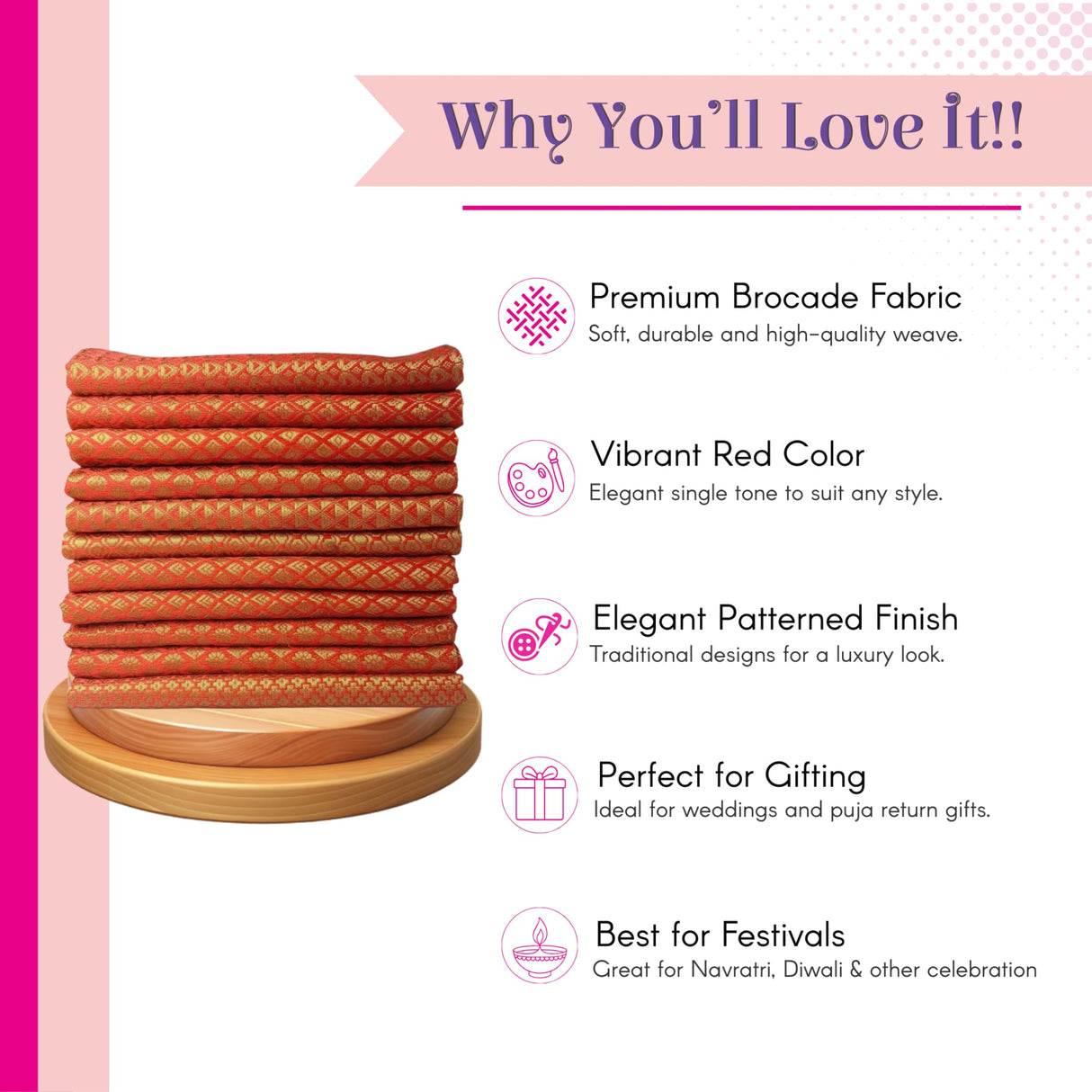 Vibrant red brocade fabric stack with elegant traditional patterns for saree blouse