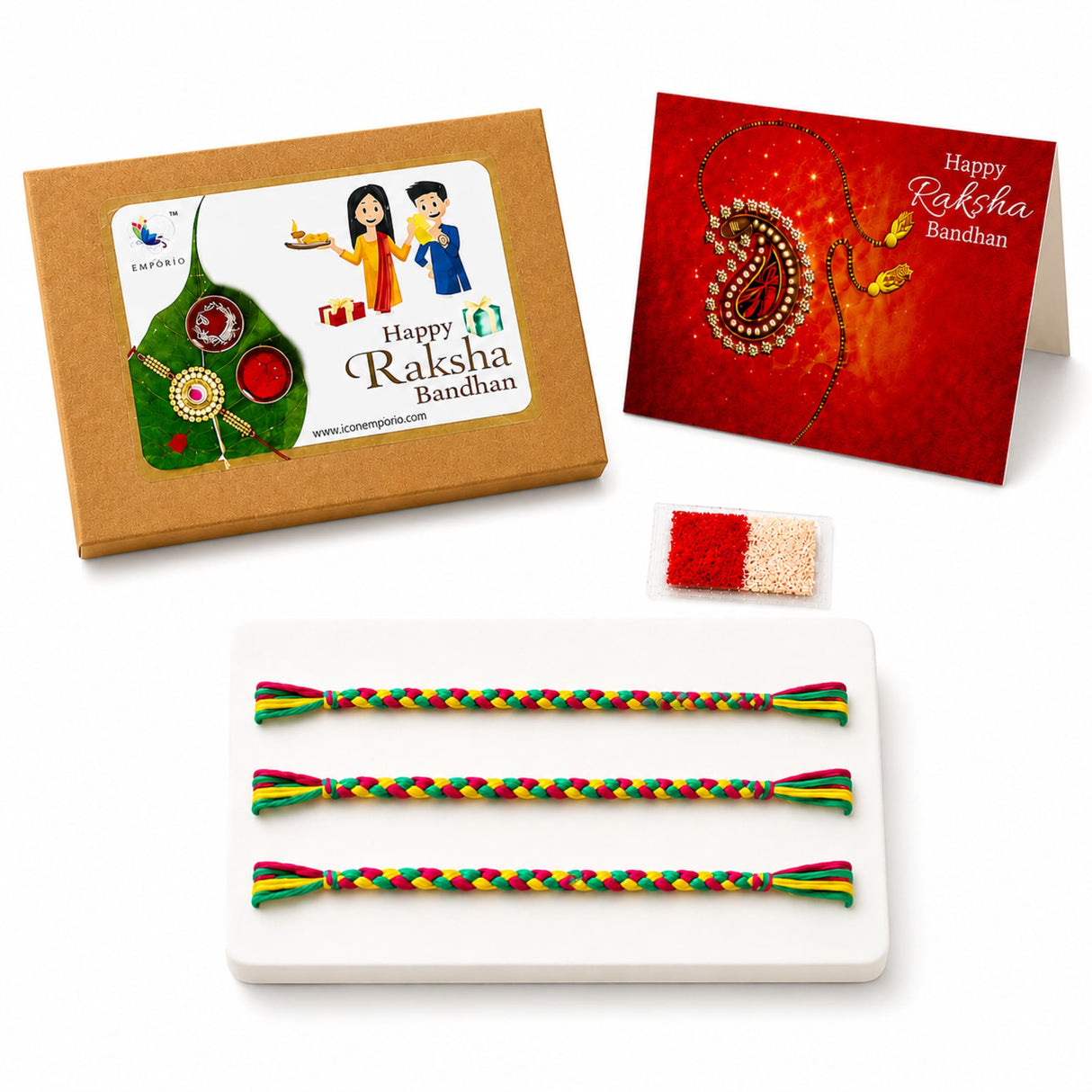 Minimalist Rakhi for Brother (3 Pcs) – Handmade Raksha Bandhan Gift Set with Tika Roli and Greeting Card, Traditional Indian Jewelry Bracelets for Protection and Good Luck