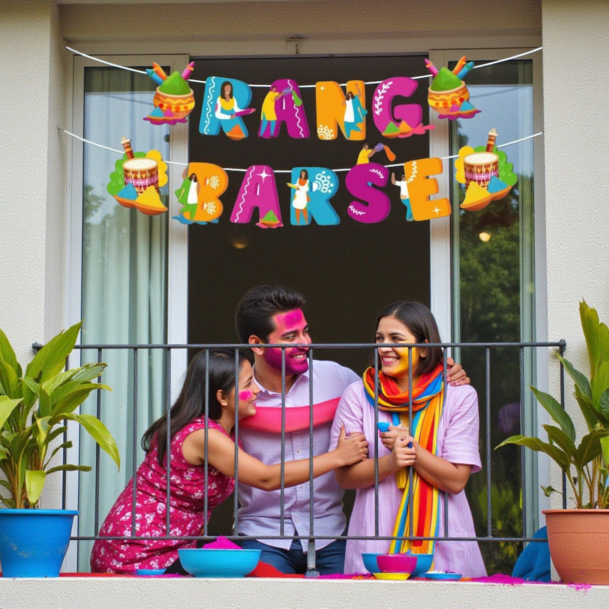 Colorful Rang Barse Holi banner with vibrant lettering and drum motifs