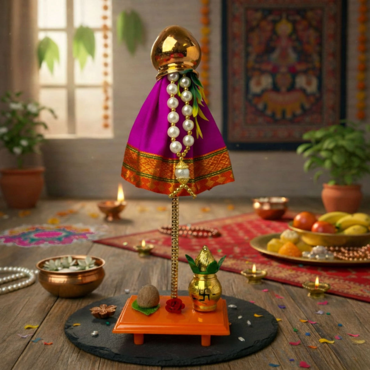 Vibrant purple gold 9-inch Readymade Mini Gudi Padwa decoration with pearl gathi mala