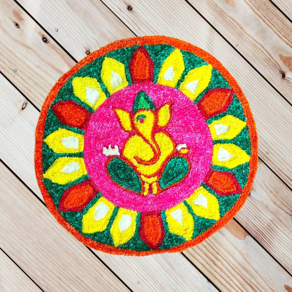 Faux Fur Yarn Wool Ganesha Rangoli Mat Canvas Base Aasan Indian Traditional Puja Mat for Home Temple Decor - Multipurpose Pooja Festival Decorations Diwali Housewarming Gift (3 Ft Round) - LoveNspire